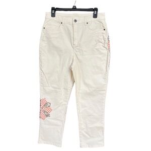 Style & Co Cream Denim Quilted Flower Patchwork High Rise Cropped Mom Jeans Sz 8